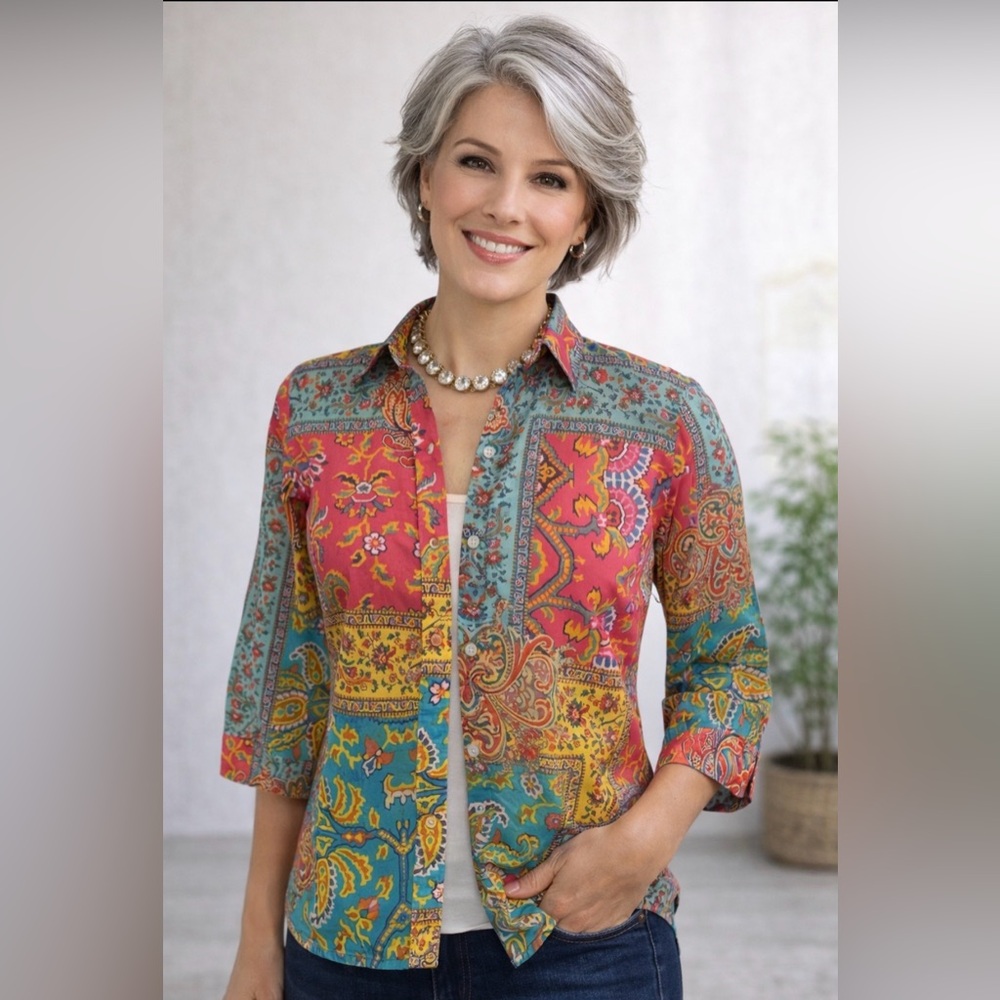 LAUREN RALPH LAUREN Petite Blouse Sz Sm Cotton Bohemian Colourful